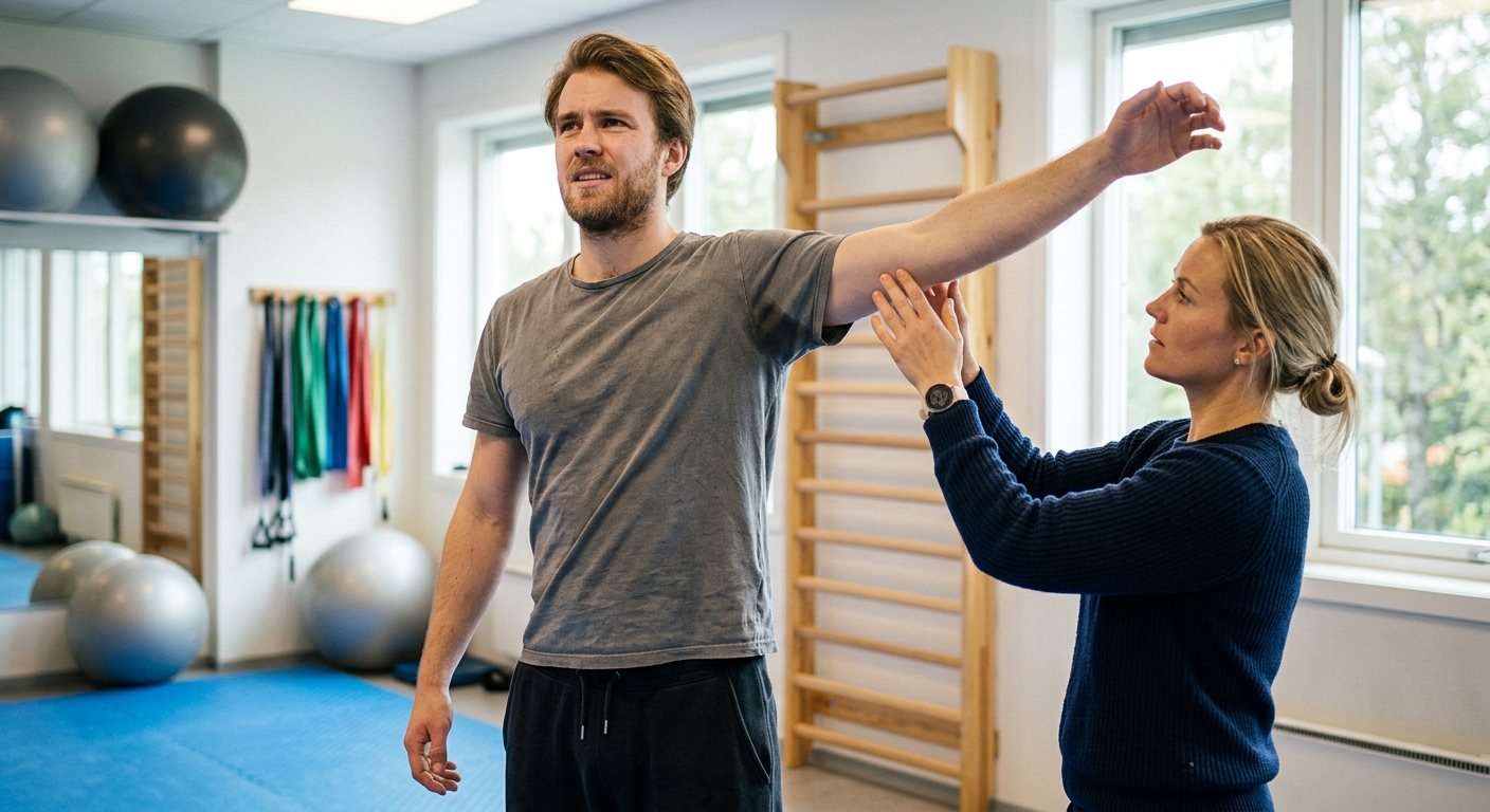 Person løfter armen under skuldervurdering i rehabøvelse, relevant for tendinose og selvtrening i rehabilitering