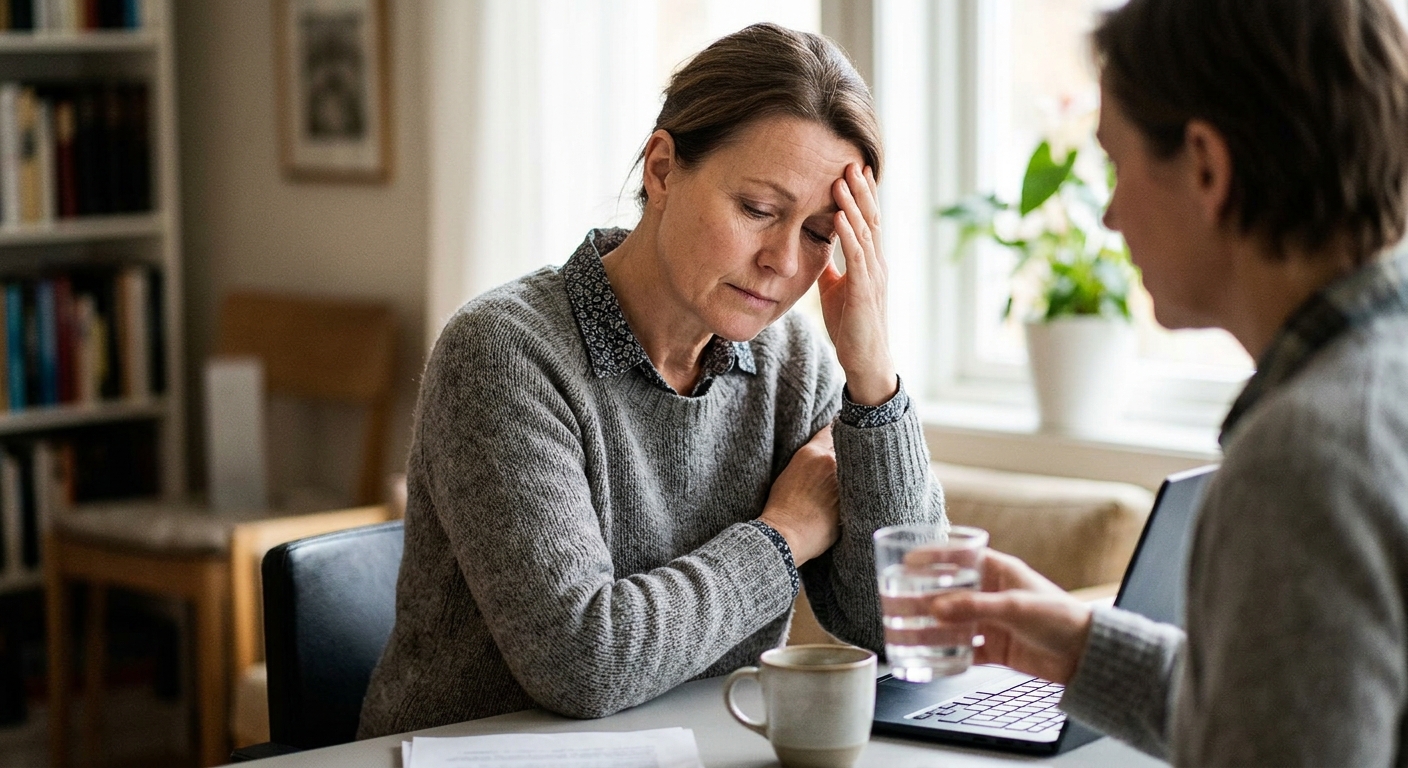 Person holder pannen under kontorkonsultasjon, ser ut til å ha hodepine i hverdagen.