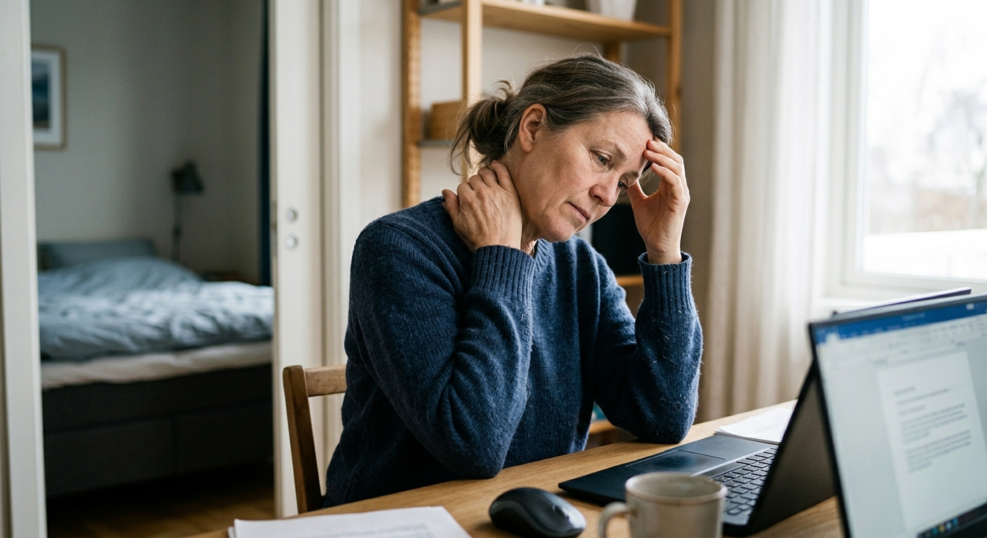 Kvinne gnir nakke og kjenner hodepine mens hun jobber ved datamaskin hjemme, typiske hodepine symptomer du bør legge merke til