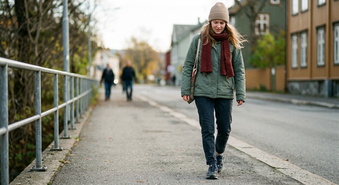 Person som går forsiktig ute på fortauet med tydelig hælsmerte, mulige hælspore symptomer ved gange