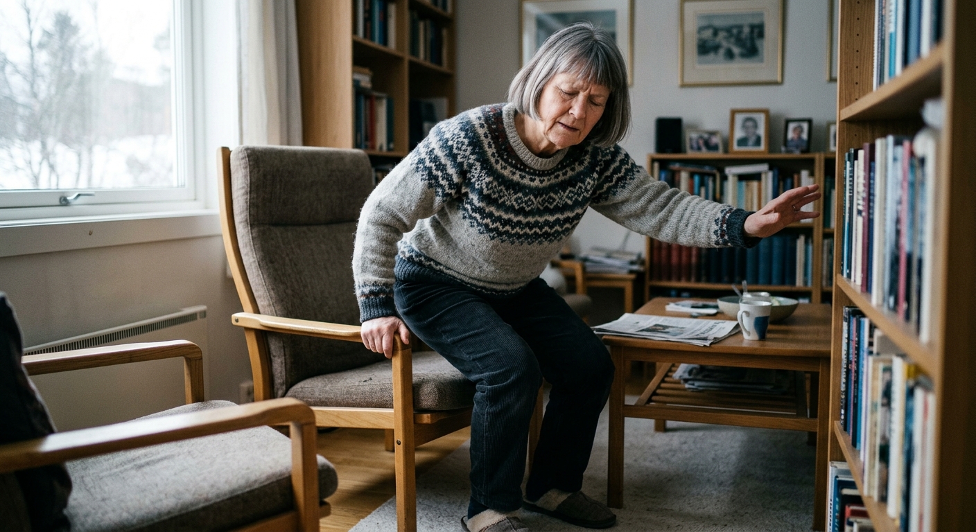 Kvinne reiser seg fra stol hjemme og kjenner kortvarig svimmelhet, typisk BPPV-symptom med spinning ved bevegelse
