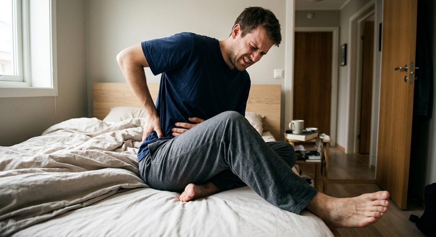 Person som strever med å gå ute, med sterke smerter i korsrygg og ben – cauda equina symptomer ved bevegelse hjemme