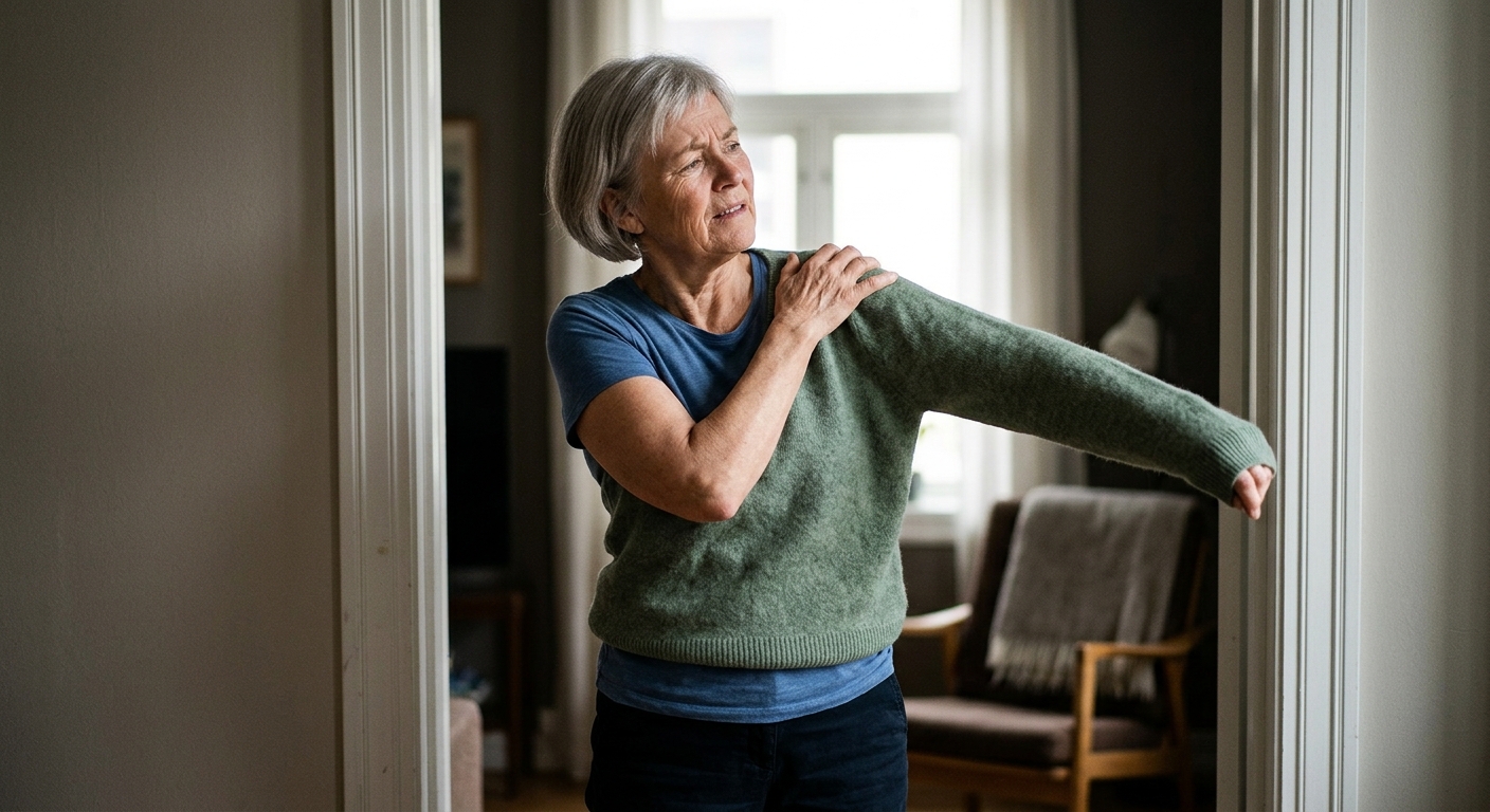 Person som kjenner smerte i skulderen ved å rekke arm over hodet hjemme, typiske infraspinatus-symptomer ved bevegelse