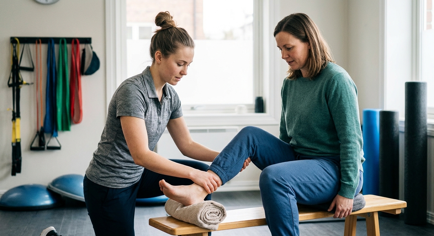 Fysioterapeut veileder pasient i hælspore-vennlig tøyningsøvelse for fot i rehab-klinikk, rehab_exercise