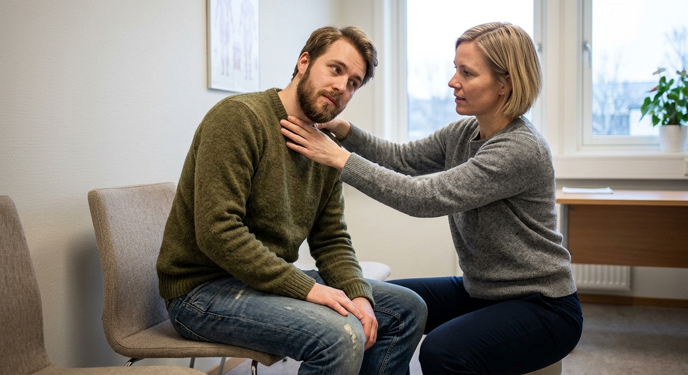 Behandler veileder pasient gjennom BPPV-reposisjonering under vestibulær undersøkelse med fokus på hodeorientering og blikkstabilisering