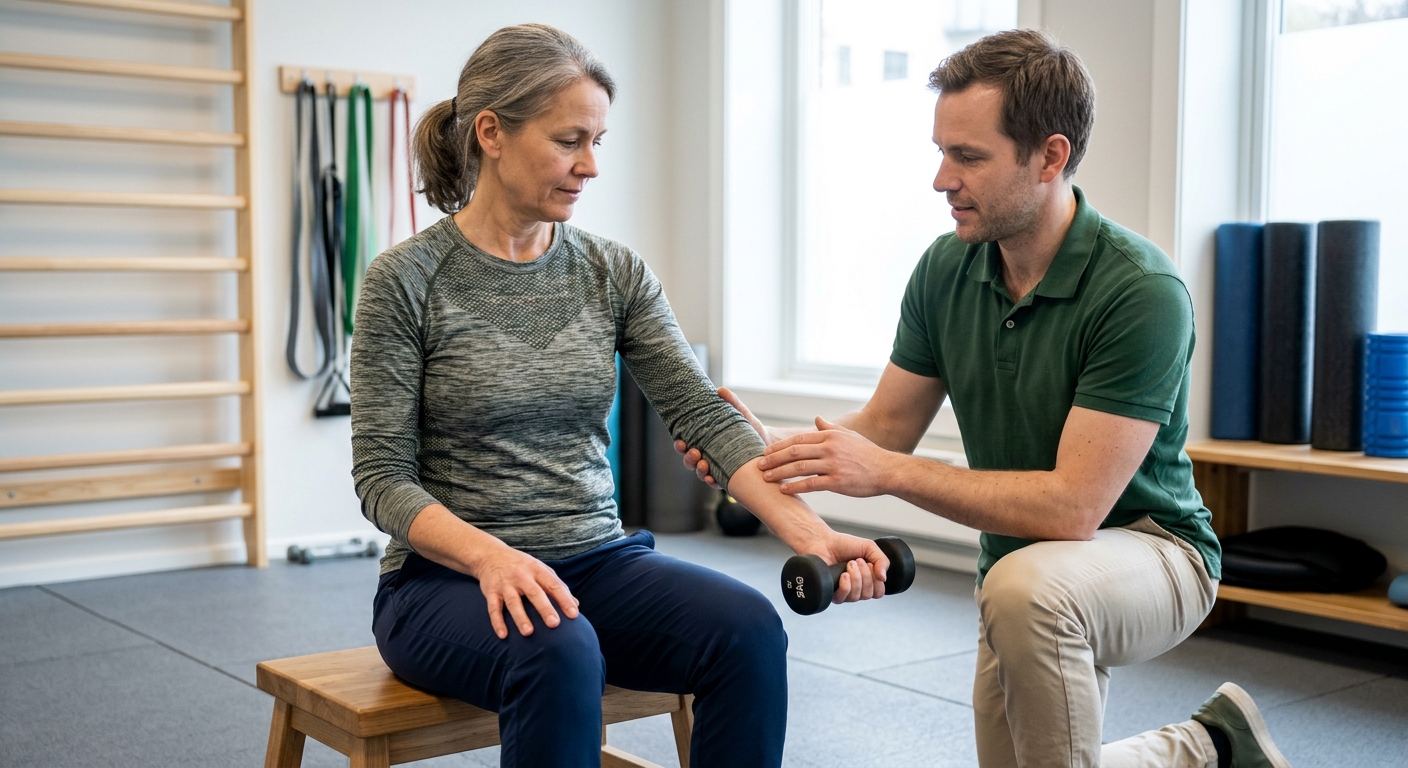 Fysioterapeut som veileder rehabiliteringsøvelse for armplager, relevant for tendinose og diagnose i rehab_exercise-seksjonen