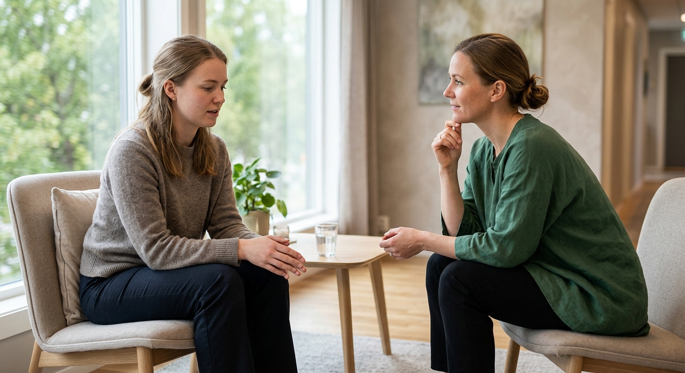 Psykomotorisk fysioterapi: terapeut veileder trygg avslapning i klinisk vurdering, rolig samtale og behandling i behandlingsrommet.