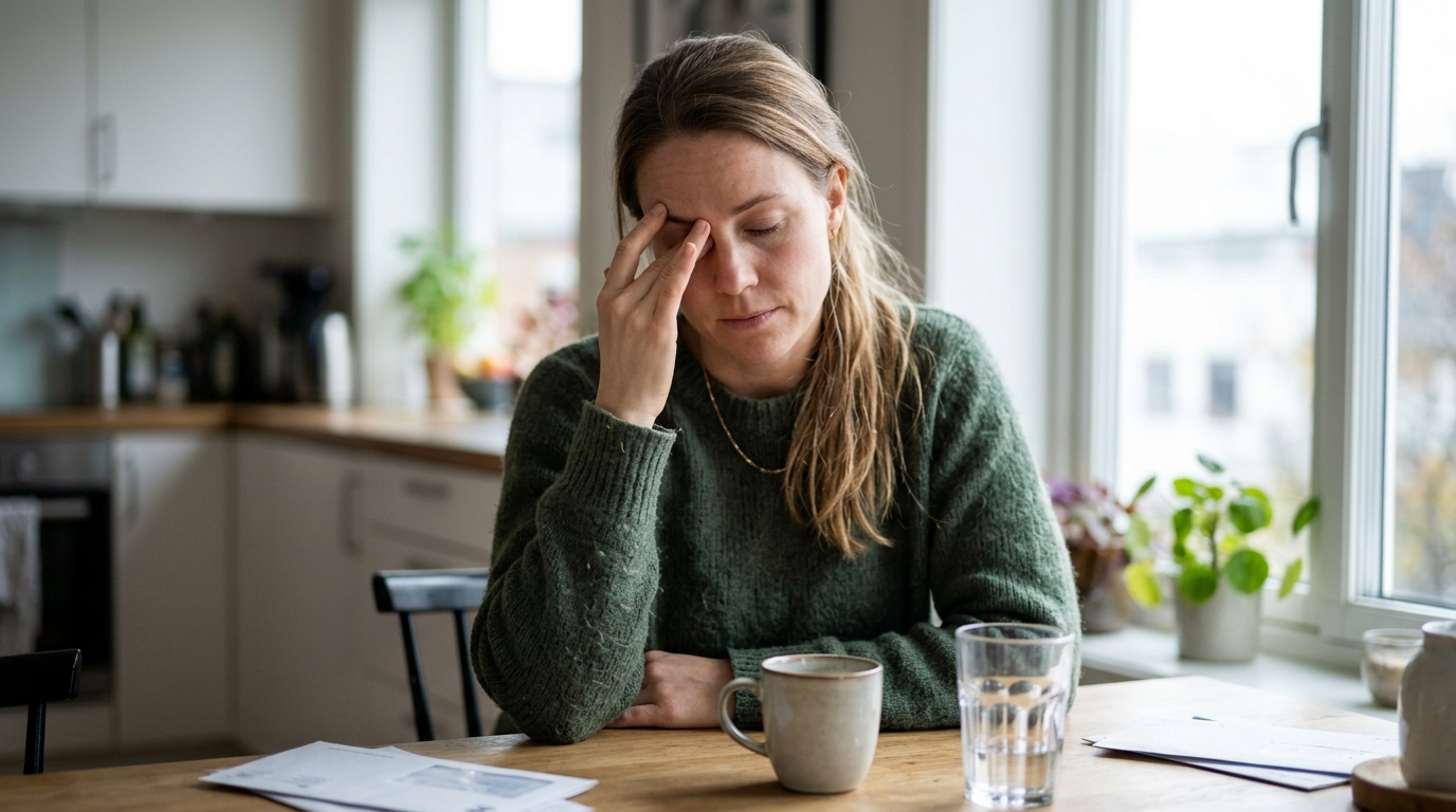 Person ved skrivebord med hånden ved øyet