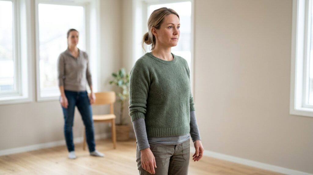 Helsekonsultasjon der pasient trener trygg balanseøvelse for å forstå hva som hjelper mot svimmelhet