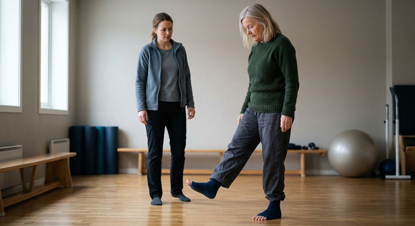 Person peker på plutselig vondt oppå foten mens den står i rehab-øvelse, med fokus på smerteområdet på fotens overside