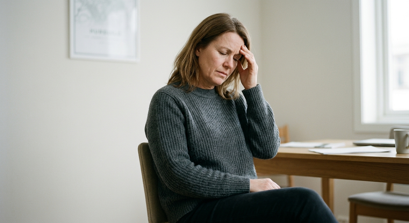 Person holder pannen under kontorarbeid, selvpleie og fokus på hodepine i pannen og bak øynene i rehab-øvelser