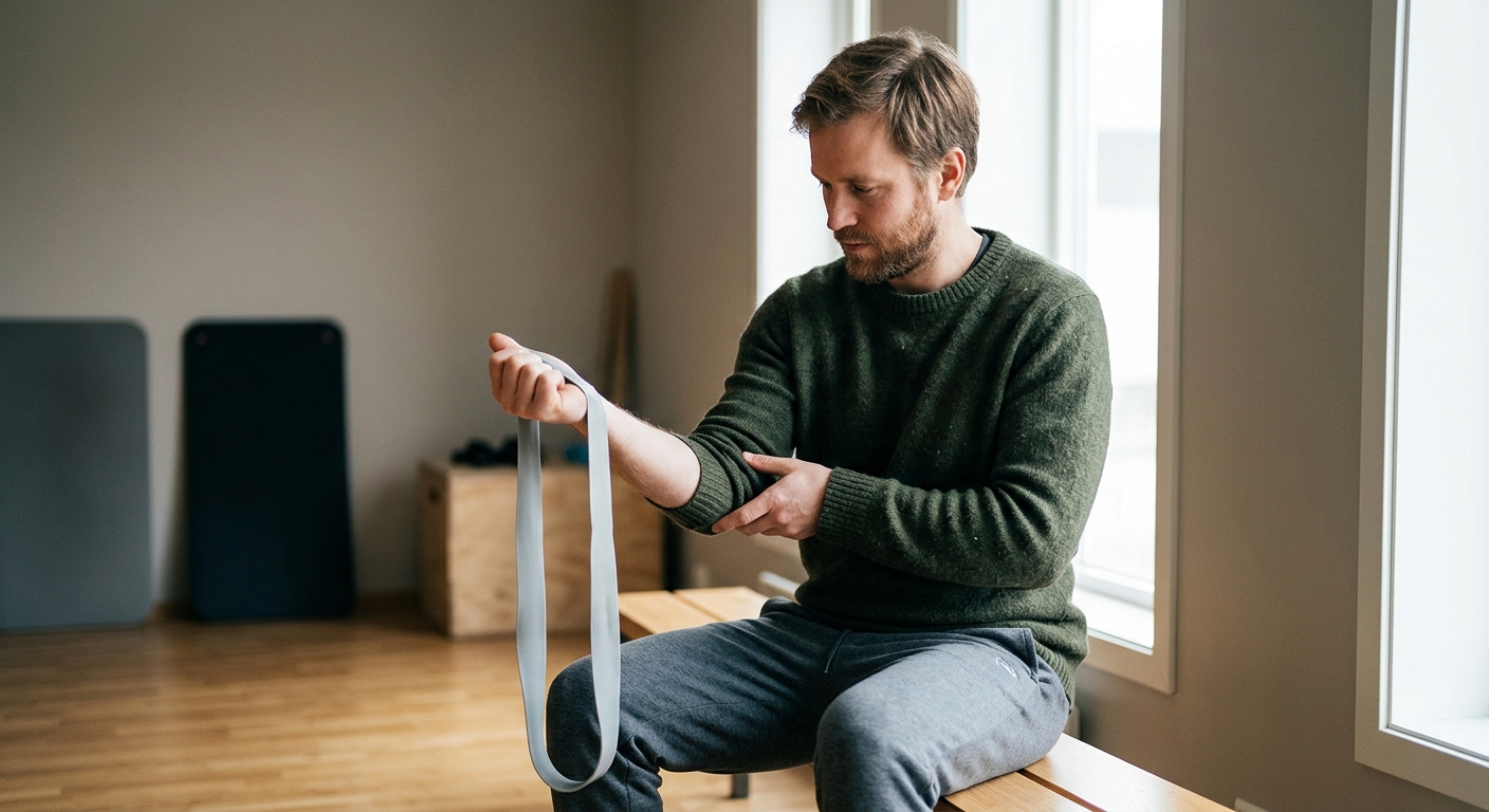 Person som holder skulderen mens den sitter ved skrivebord, viser selvpleie og rehabøvelse ved tendinitt