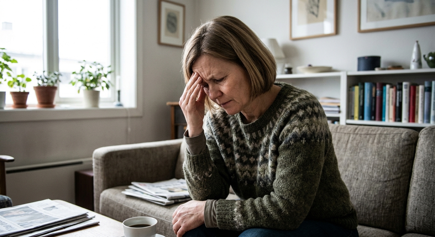 Person holder seg til tinningen med ubehagelig, pulserende hodepine i hverdagen, naturlig øyeblikk i daily_life_symptom.