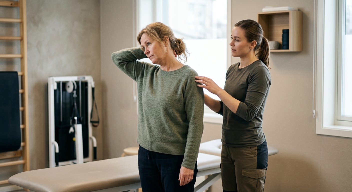 Person holder seg bak hodet under skrivebordsarbeid, som ved vondt i bakhodet; rehabøvelse for selvpleie og avlastning