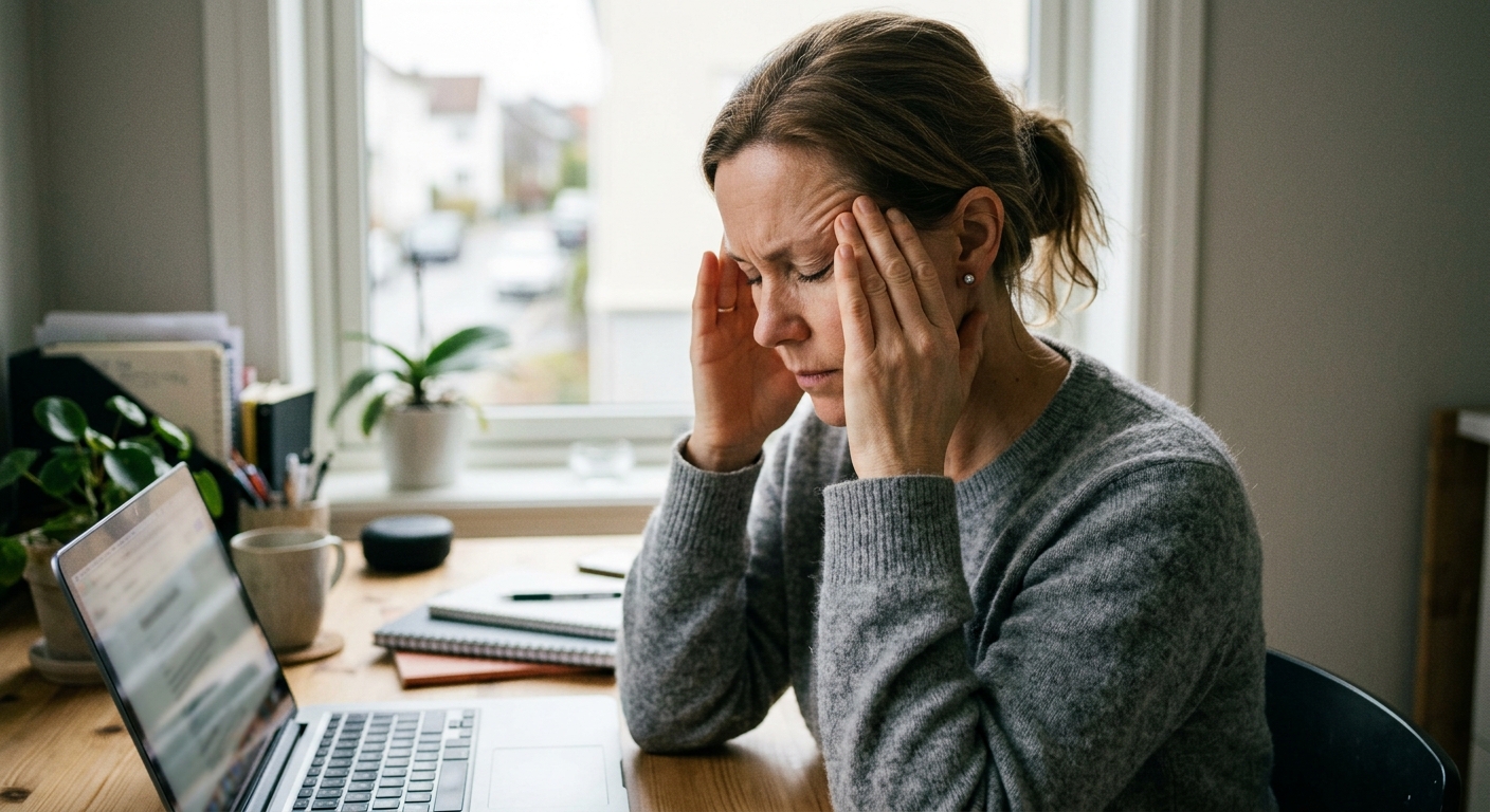 Person som holder seg ved tinningene ved skrivebord, med tydelig nakkespenning og tensjonshodepine i hverdagen