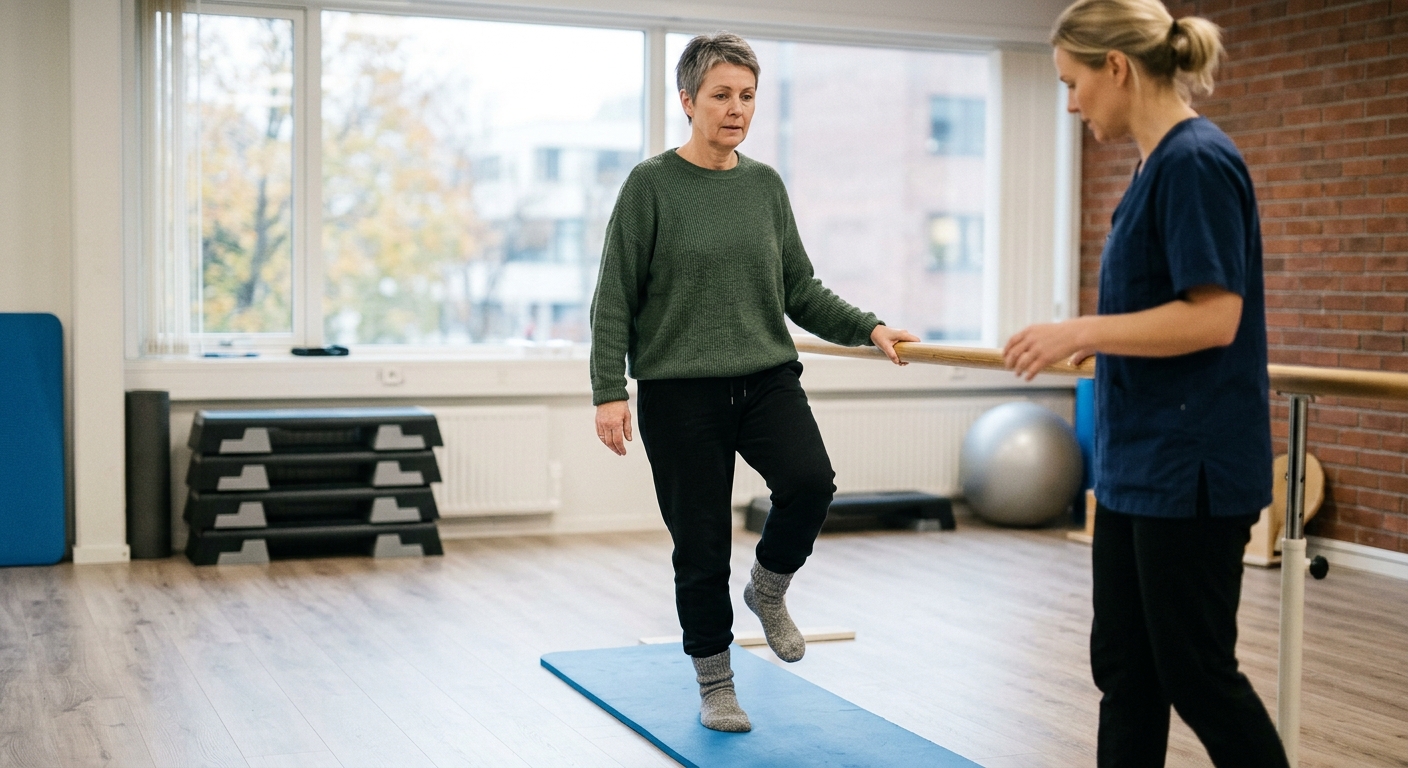 Person som sitter forsiktig opp fra sengen og trener balanse for å lindre svimmelhet og bedre stabilitet