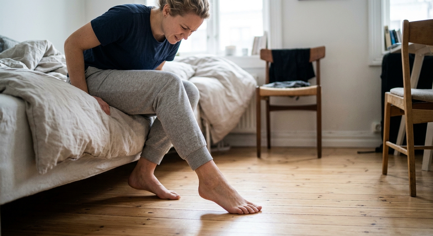 Person som går på fortau hjemme, med ubehag i forfoten ved oppreisning—tverrplattfot symptomer å være oppmerksom på