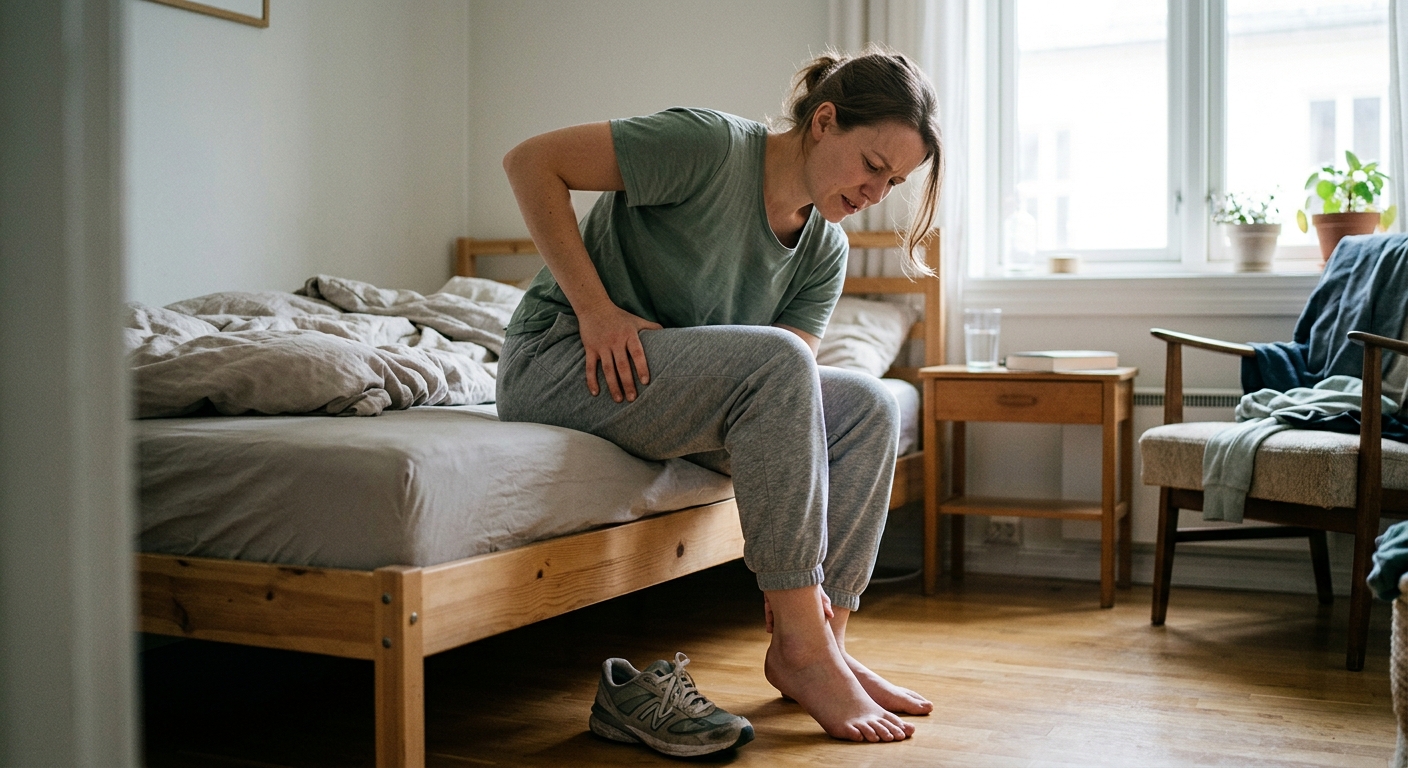 Løper med smerter i ankelen etter trening på fortau, hjemme ved reise seg fra seng—betennelse i ankel symptomer kan trigges av belastning