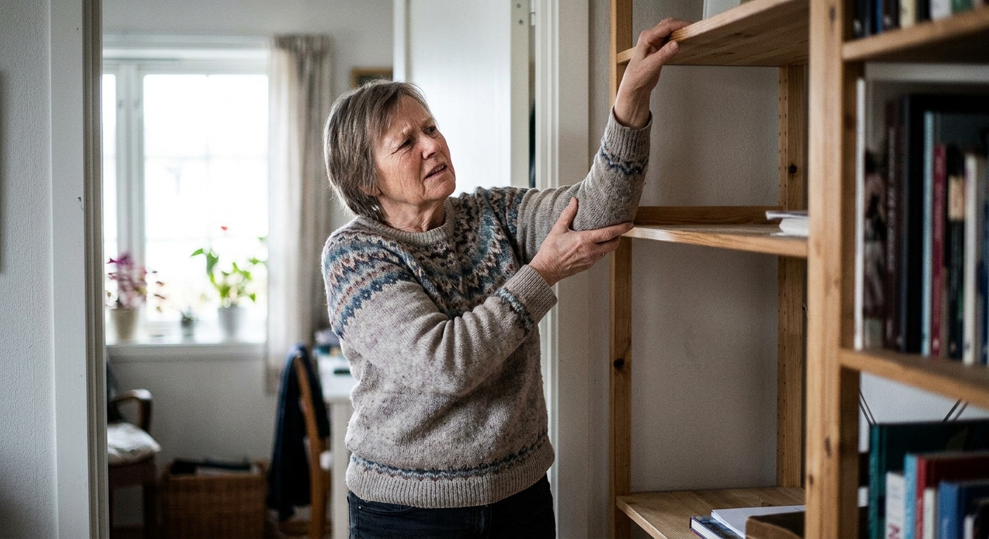 Person som strever med å nå en hylle hjemme, løfter armen og får smerter i overarm ved bevegelse