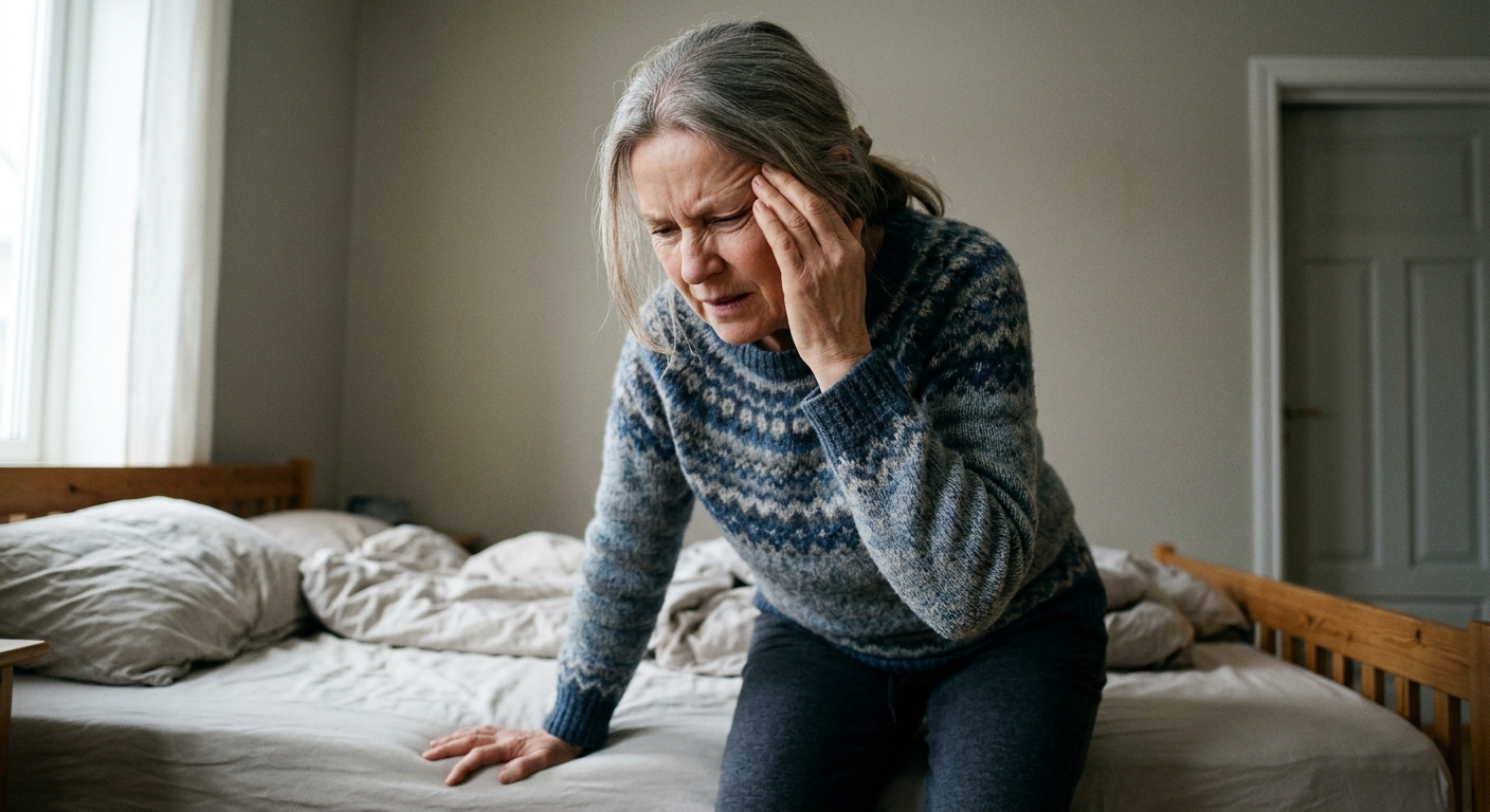 Kvinne som sitter hjemme og klemmer seg ved tinningen mens hun ser på skjerm, hodepine i pannen og bak øynene symptomer