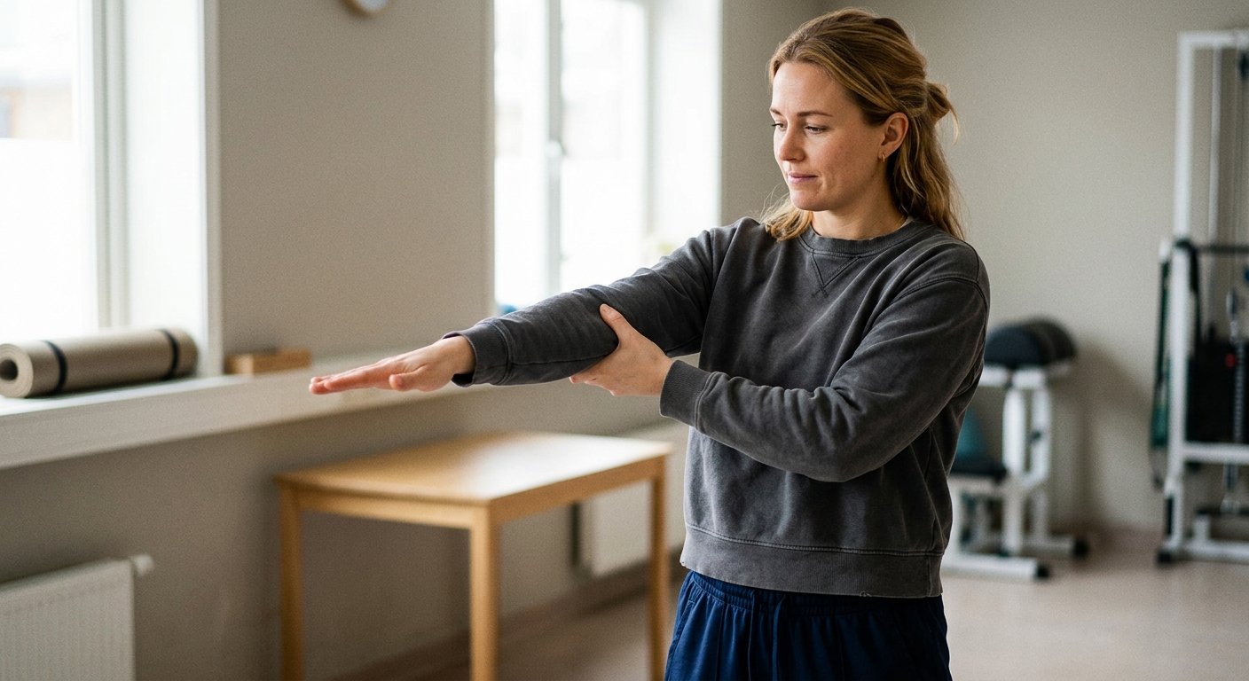Kontorarbeider strekker underarmen og kjenner vondt i albuen ved utstrekking, rehabøvelse for smerter i albuen.
