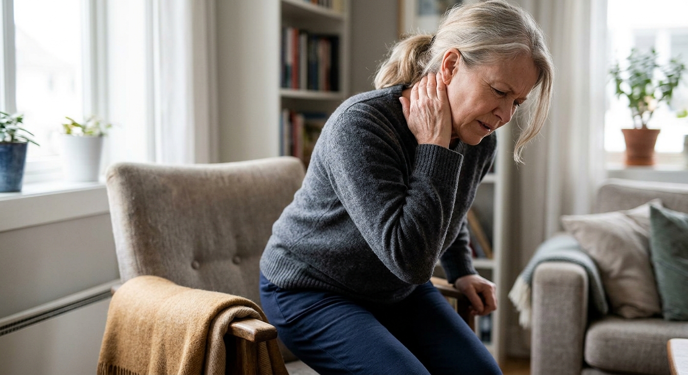 Kontorarbeider som gnir nakken hjemme med pulserende hodepine, typisk symptomkontekst ved oppreisning fra stol eller seng