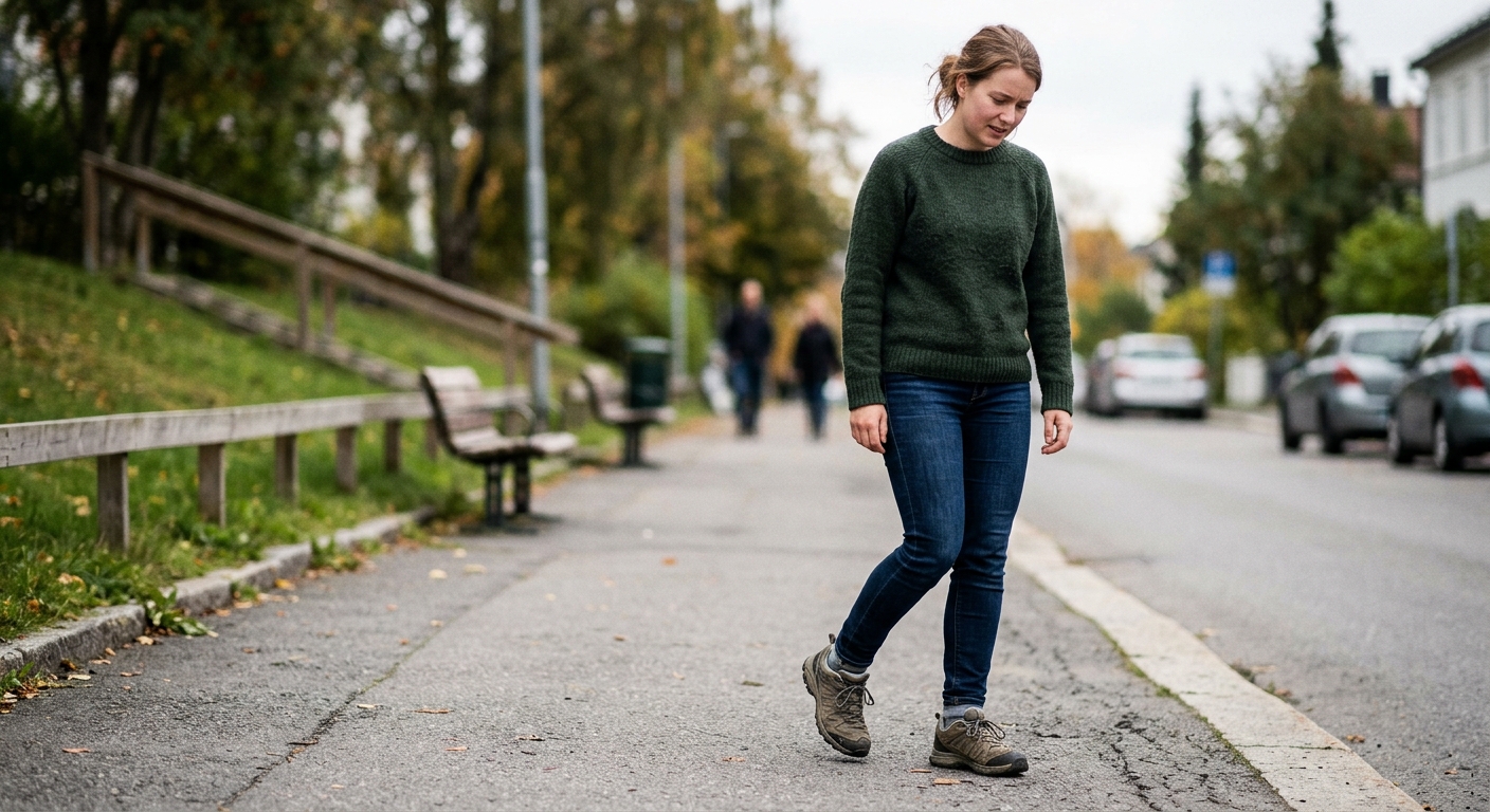 Person går sakte ute og holder ankelen, med smerter i ankel ved hvile, på fortau i naturlig gangkontekst