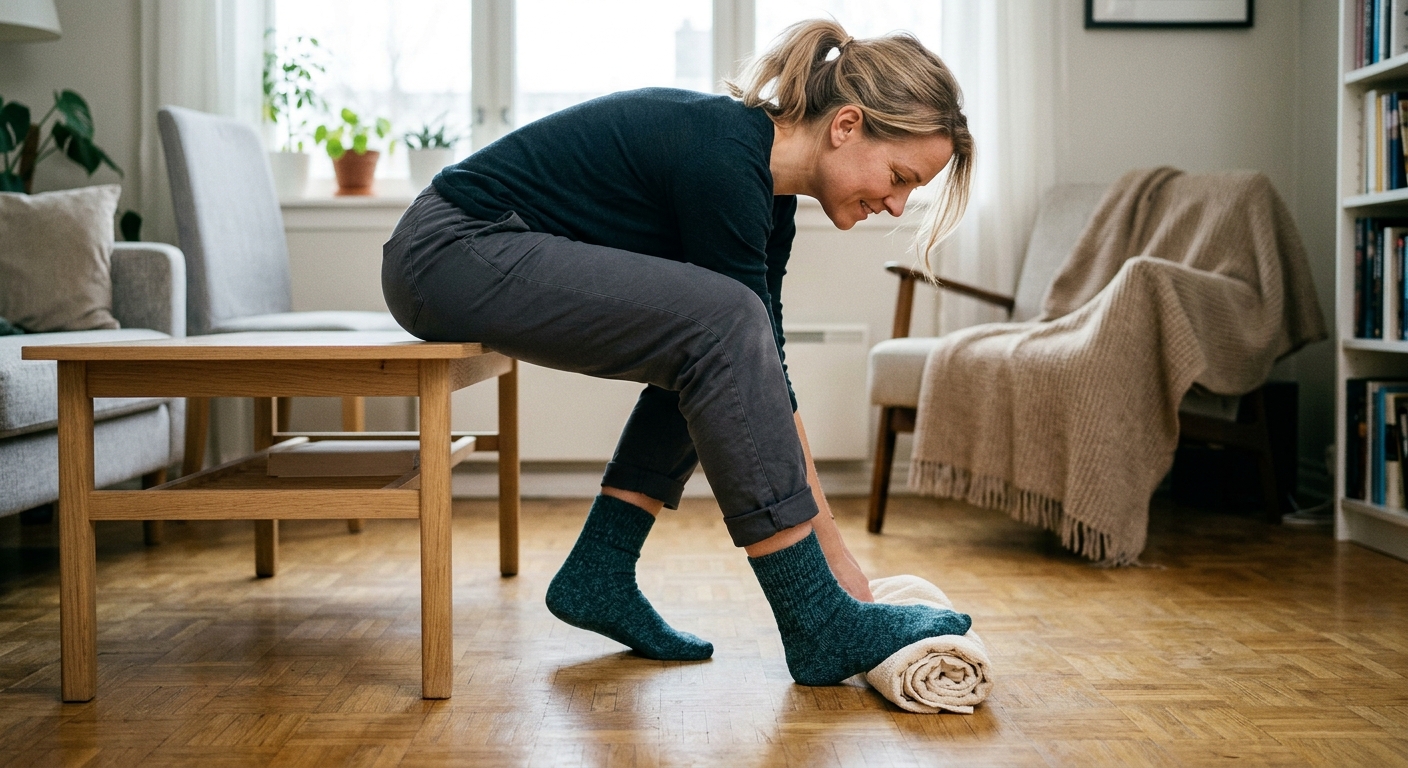 Person som gjør fotstyrkende øvelser hjemme som del av tverrplattfot behandling, med fokus på rehab_exercise og selvpleie.