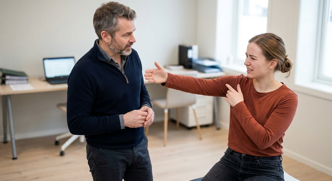 Rehabiliteringsøvelse for armbevegelse og holdning under konsultasjon, med fokus på vondt i armen og klinisk veiledning.