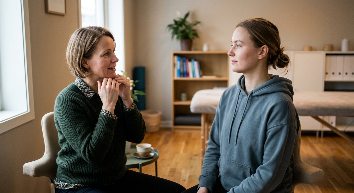 Terapeut veileder pasient i skånsom nakkemobilitet under konsultasjon, relevant for behandling av hodepine på toppen av hodet.