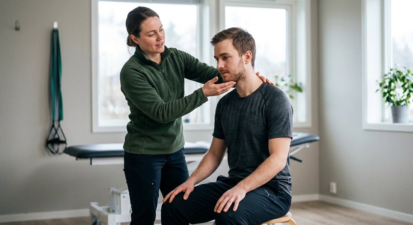 Fysioterapeut veileder nakkeøvelse for mobilitet i rehab_exercise, relevant ved hodepine i pannen og bak øynene