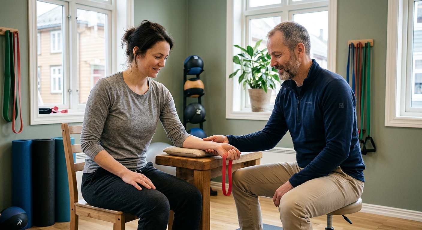Fysioterapeut veileder øvelser for albuen, rehab og egenbehandling ved vondt i albuen i treningssetting