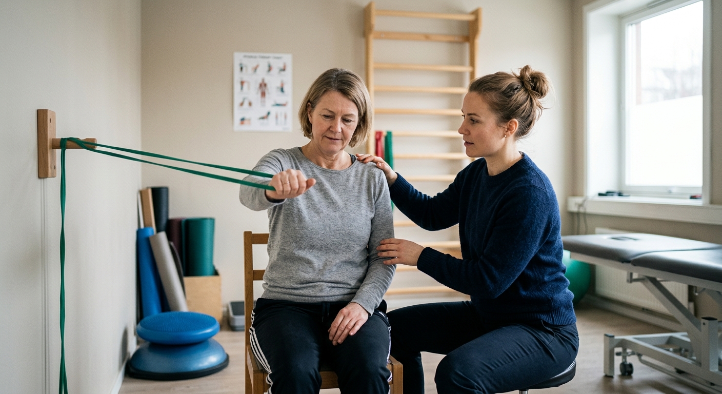 Fysioterapeut veileder skulderrehabilitering med øvelse for tendinitt, i rehab_exercise-seksjon.