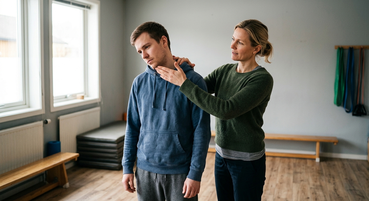 Terapeut veileder enkel nakke- og holdningsøvelse for å lindre pulserende hodepine i rehab_exercise.
