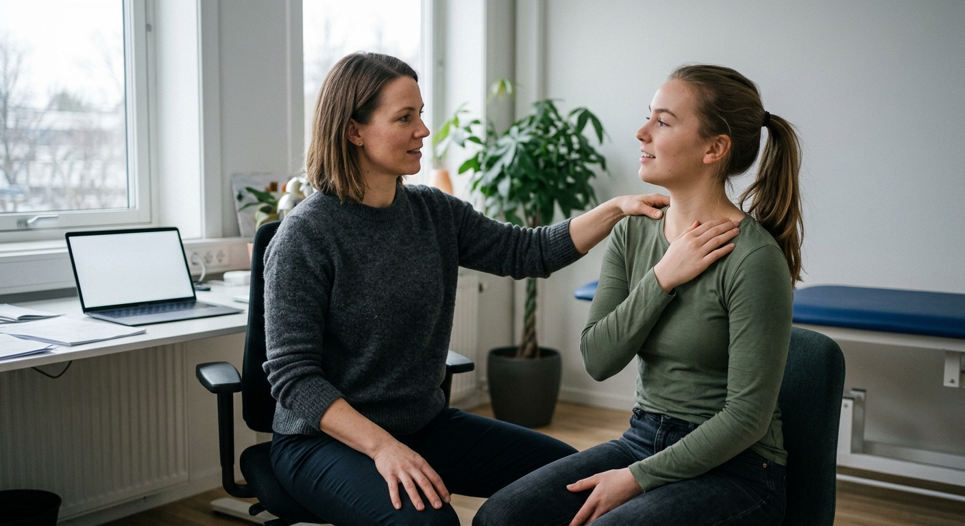 Fysioterapeut veileder pasient i nakke- og skulderøvelser under konsultasjon, for vurdering ved tensjonshodepine.