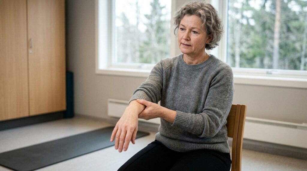 Person som får vurdering for tendinitt og veiledes i øvelse/rehabilitering med fokus på sene- og bevegelsessmerter