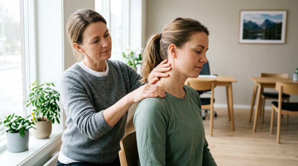Lege vurderer pasient med tensjonshodepine i klinikk, rolig konsultasjon og avslapning under behandling
