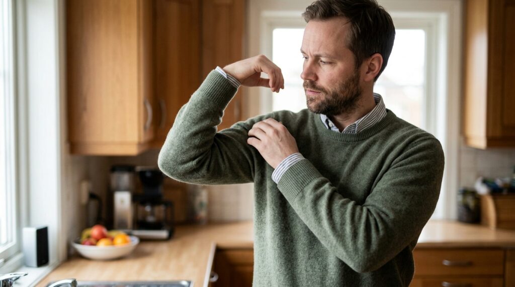 Person som holder seg til armen og vurderer smerte ved bevegelse i hverdagen, konsultasjon om vondt i armen