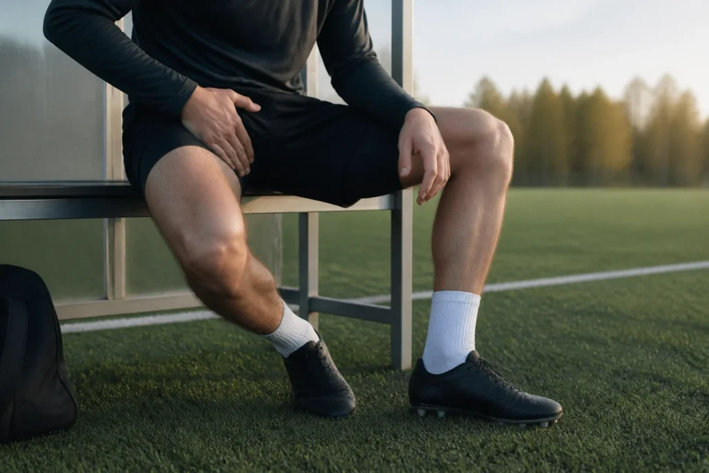 Fotballspiller holder øverst på innsiden av låret