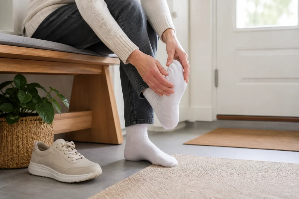 Person holder rundt forfoten