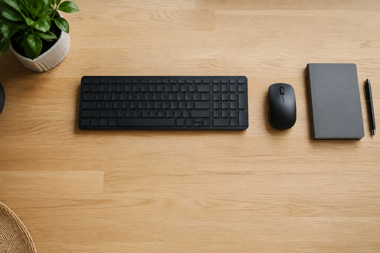 Mus og tastatur plassert nær kanten av skrivebordet