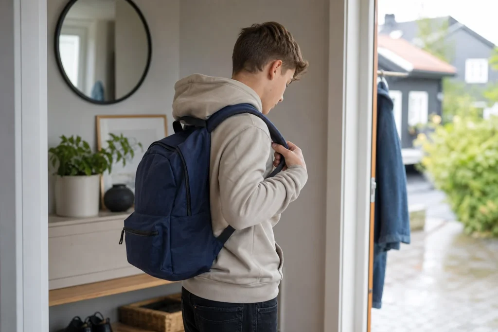Ungdom justerer stroppen på en skolesekk
