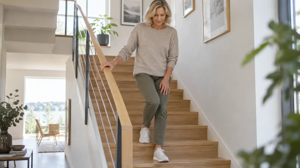 Person går ned en trapp med ubehag foran kneet