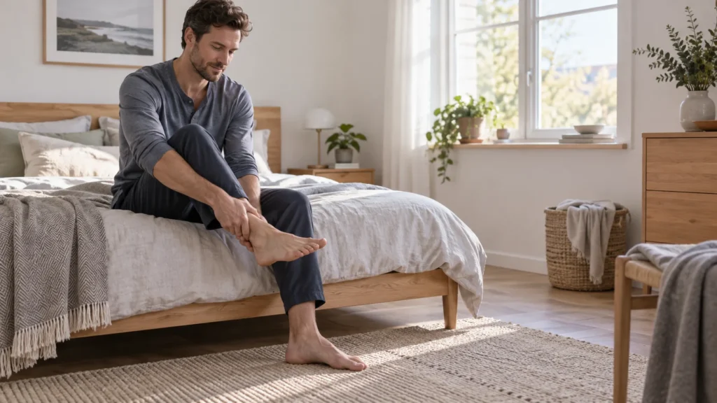 Person beveger ankelen forsiktig på sengekanten om morgenen